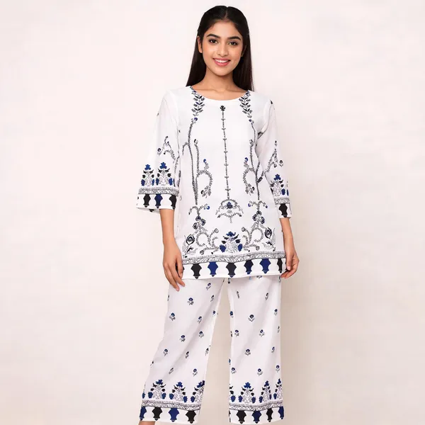 White_Blue_Rayon_Straight_Ethnic_Print_Co_Ord_Set_For_Women