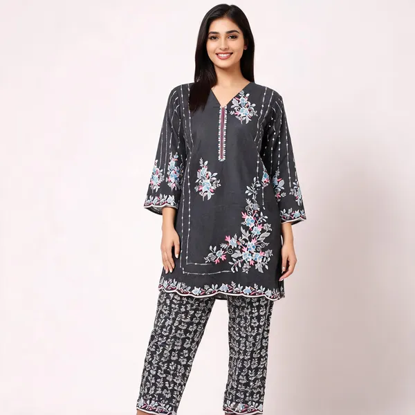 Black_White_Turkish_Slub_Cotton_Straight_Kurta_Pant_Co_Ord_Set_For_Women