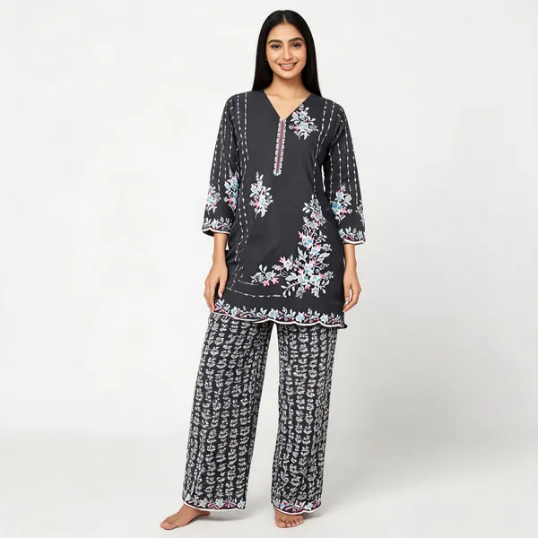 Black_White_Turkish_Slub_Cotton_Straight_Kurta_Pant_Co_Ord_Set_For_Women