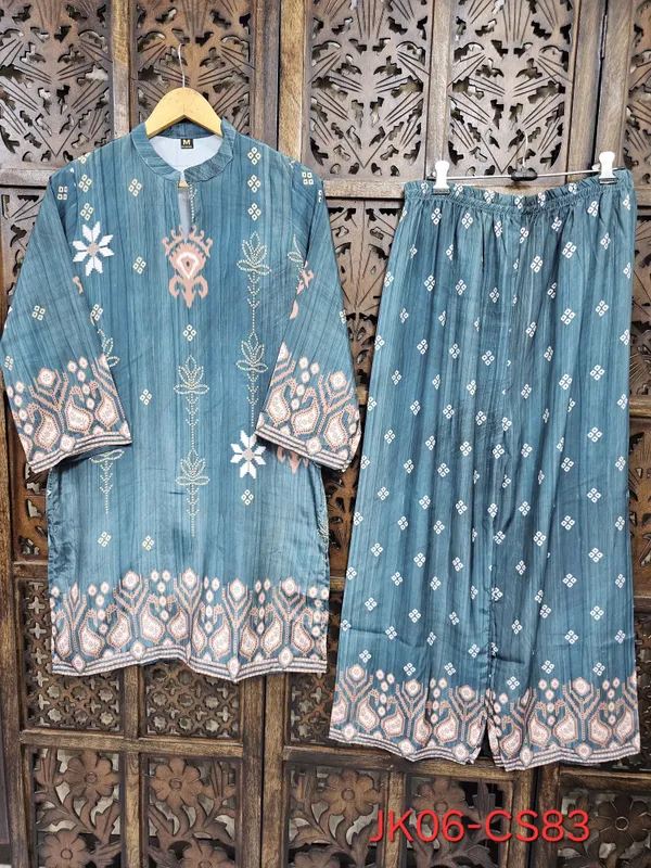 Teal_Crepe_Straight_Ikat_Print_Co_Ord_Set_For_Women