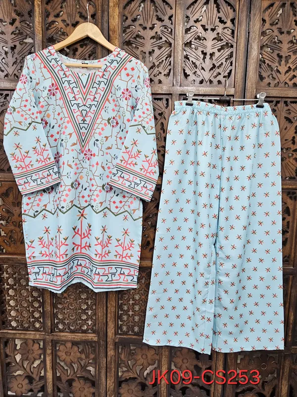 Blue_Turkish_Slub_Cotton_Straight_Geometric_Floral_Kurta_Pant_Co_Ord_Set_For_Women