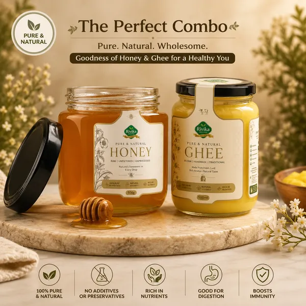 Rivika_Organic_Bilona_Method_Buffalo_Milk_Ghee_500Ml_And_Rivika_Organic_Raw_Unfiltered_Unprocessed_Natural_Honey