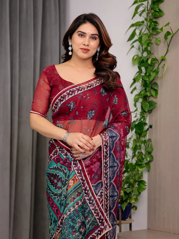 Red_Organza_Floral_Print_Saree_For_Women