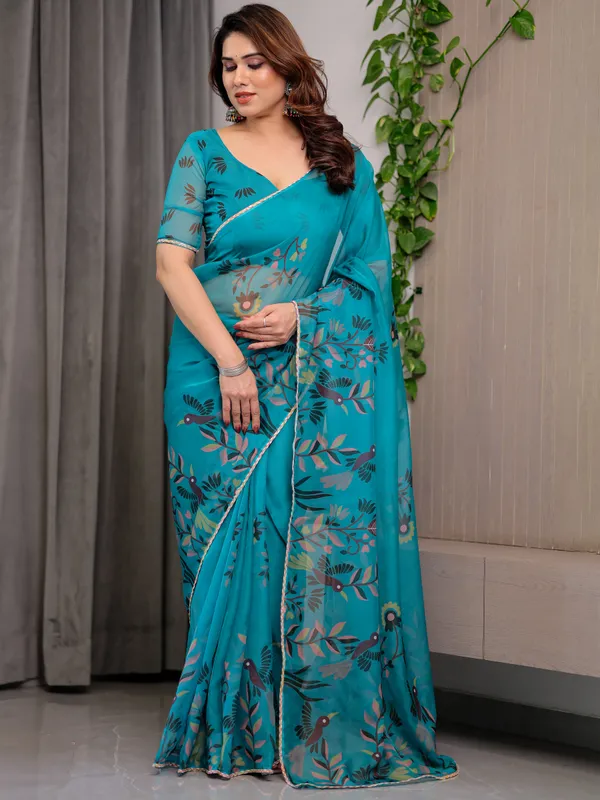 Turquoise_Organza_Floral_Printed_Saree_For_Women