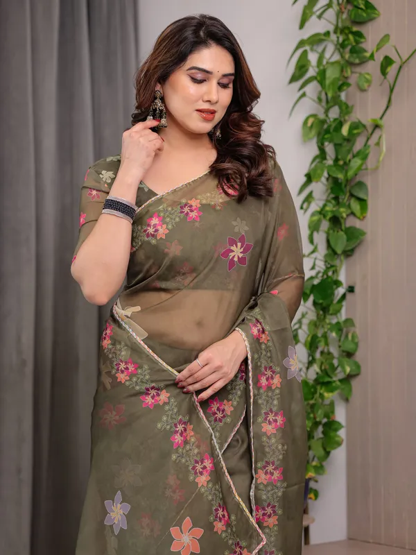 Olive_Green_Organza_Floral_Print_Saree_For_Women