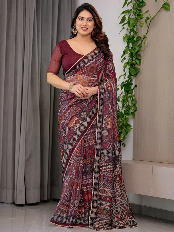 Maroon_Organza_Ethnic_Print_Saree_For_Women