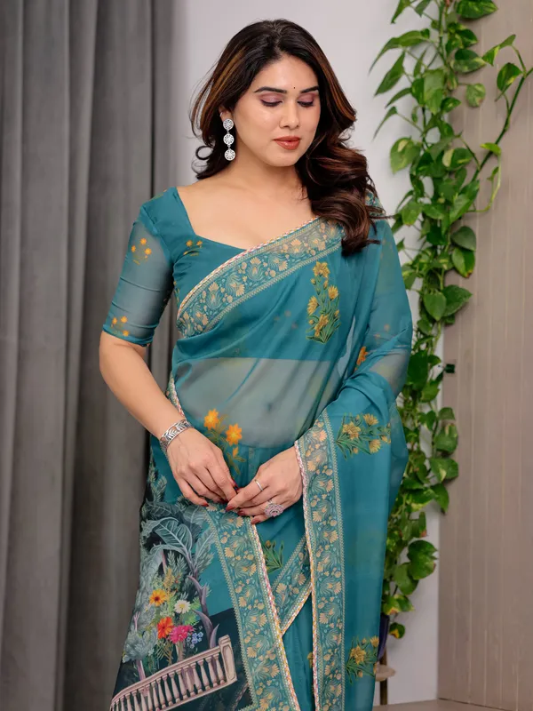 Teal_Blue_Organza_Floral_Embroidered_Saree_For_Women
