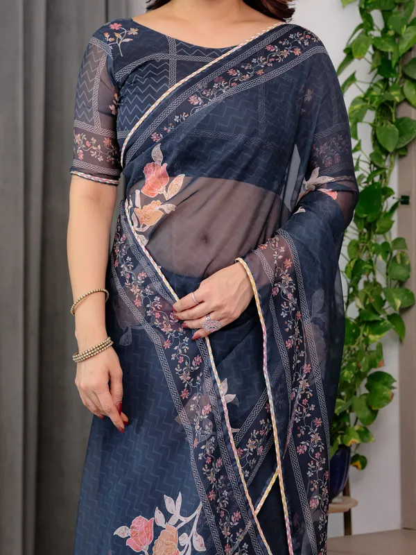 Navy_Blue_Organza_Floral_Print_Saree_For_Women