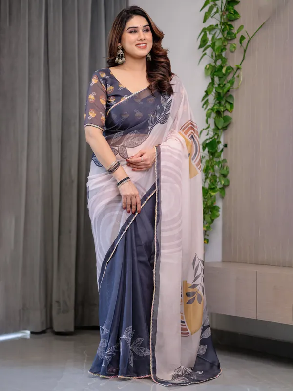 Grey_And_White_Organza_Floral_Print_Saree_For_Women