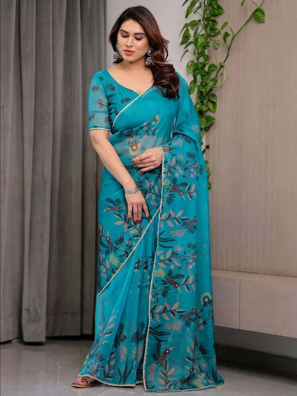 Turquoise_Organza_Floral_Printed_Saree_For_Women