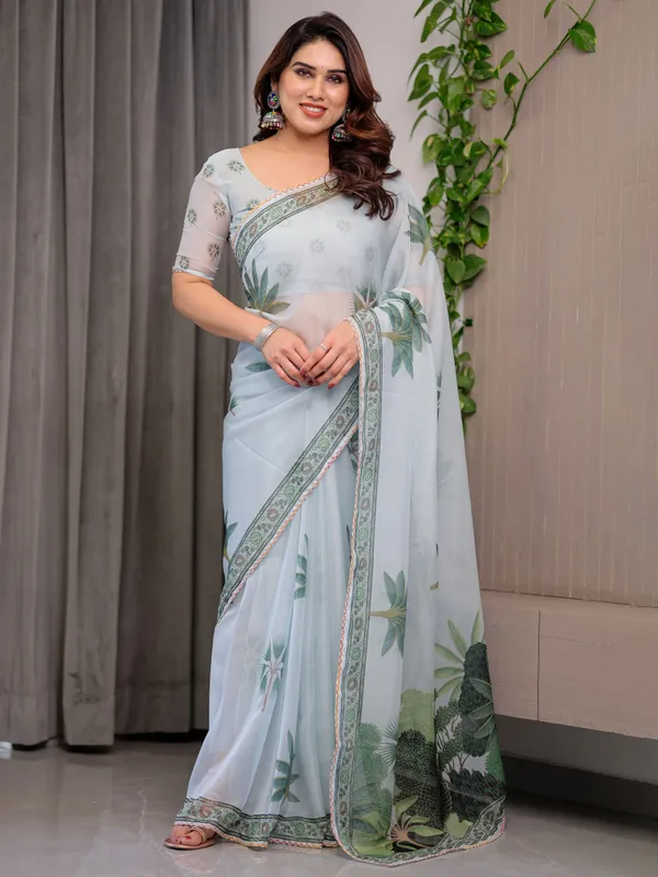Sky_Blue_Organza_Floral_Print_Saree_For_Women