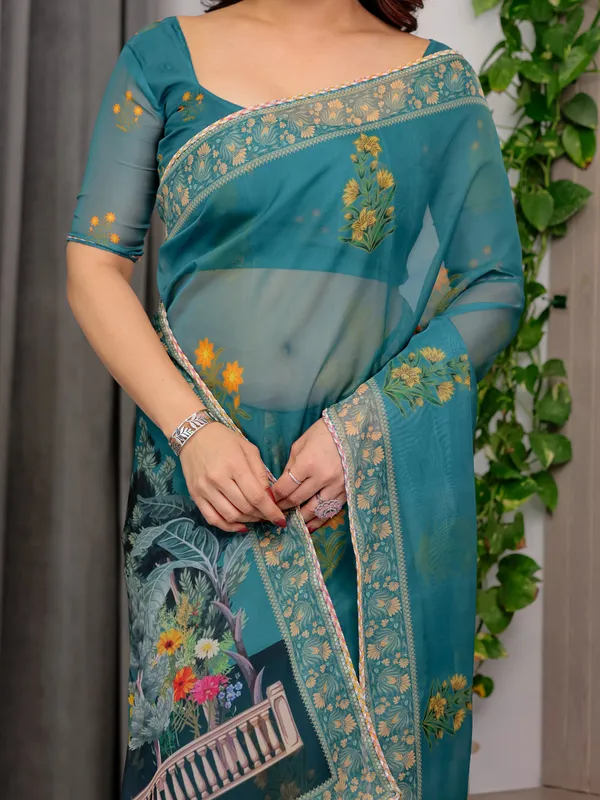 Teal_Blue_Organza_Floral_Embroidered_Saree_For_Women