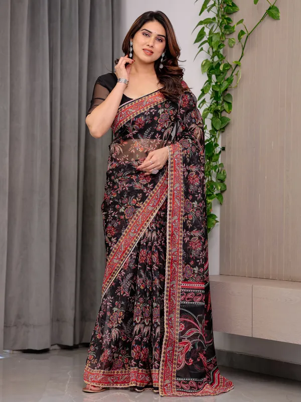 Black_Organza_Floral_Embroidered_Border_Saree_For_Women