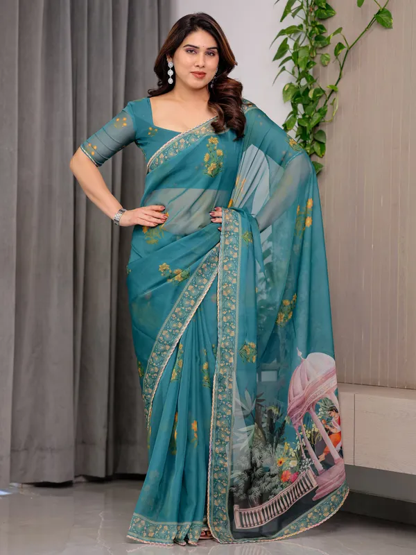 Teal_Blue_Organza_Floral_Embroidered_Saree_For_Women