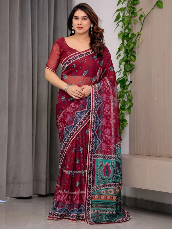 Red_Organza_Floral_Print_Saree_For_Women