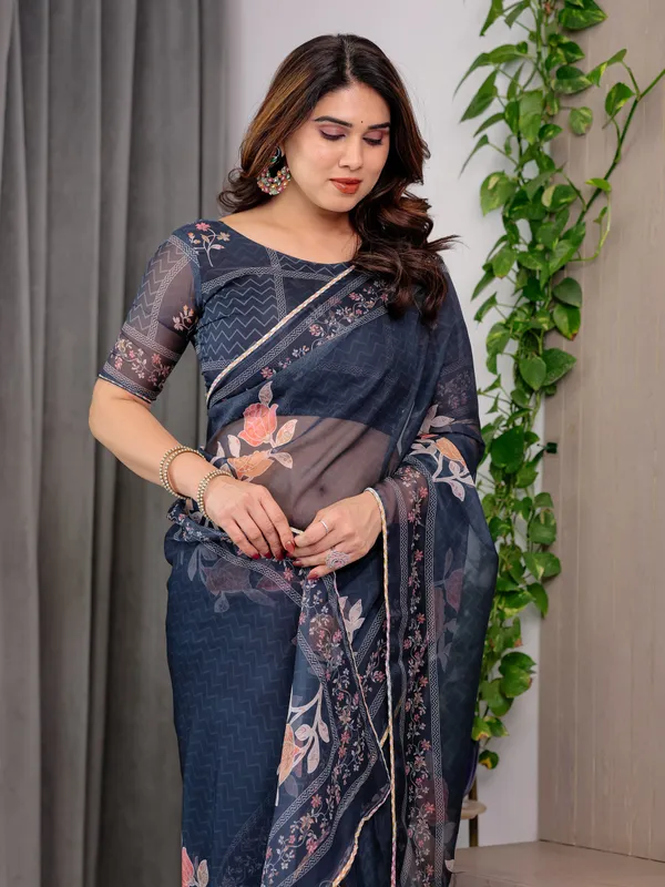 Navy_Blue_Organza_Floral_Print_Saree_For_Women