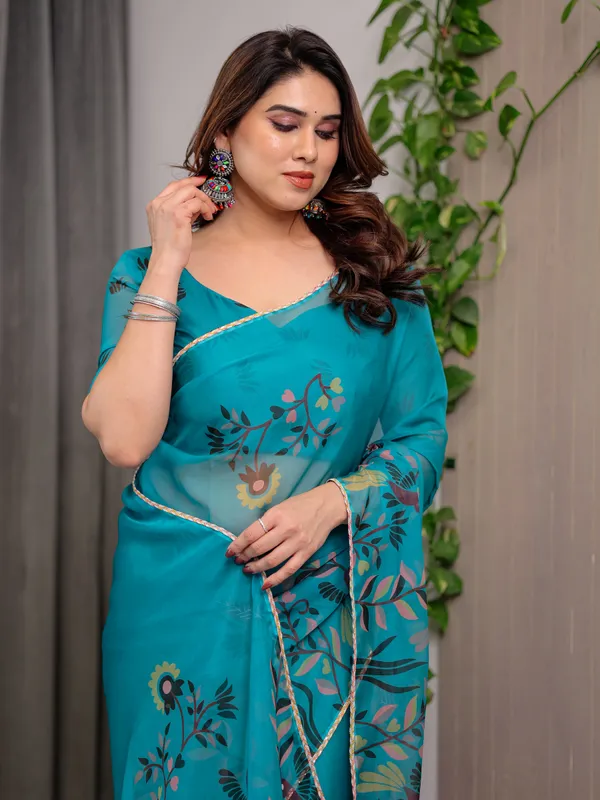Turquoise_Organza_Floral_Printed_Saree_For_Women