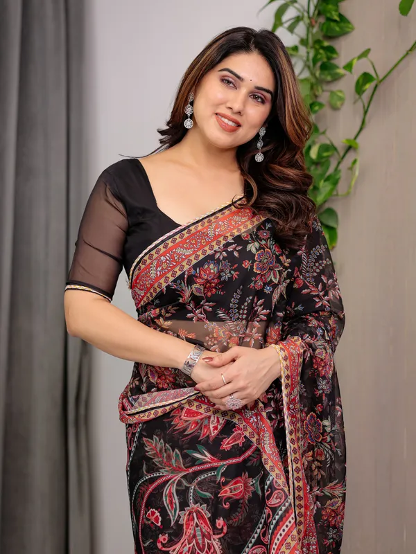 Black_Organza_Floral_Embroidered_Border_Saree_For_Women