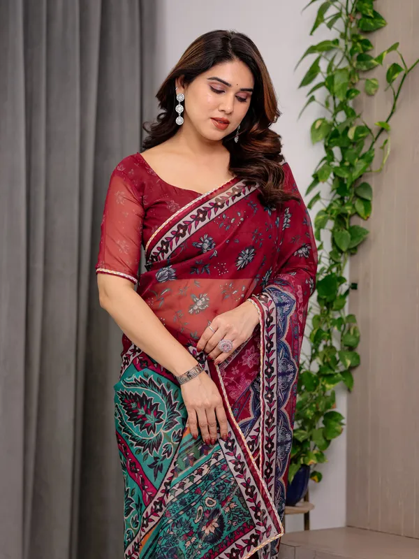 Red_Organza_Floral_Print_Saree_For_Women