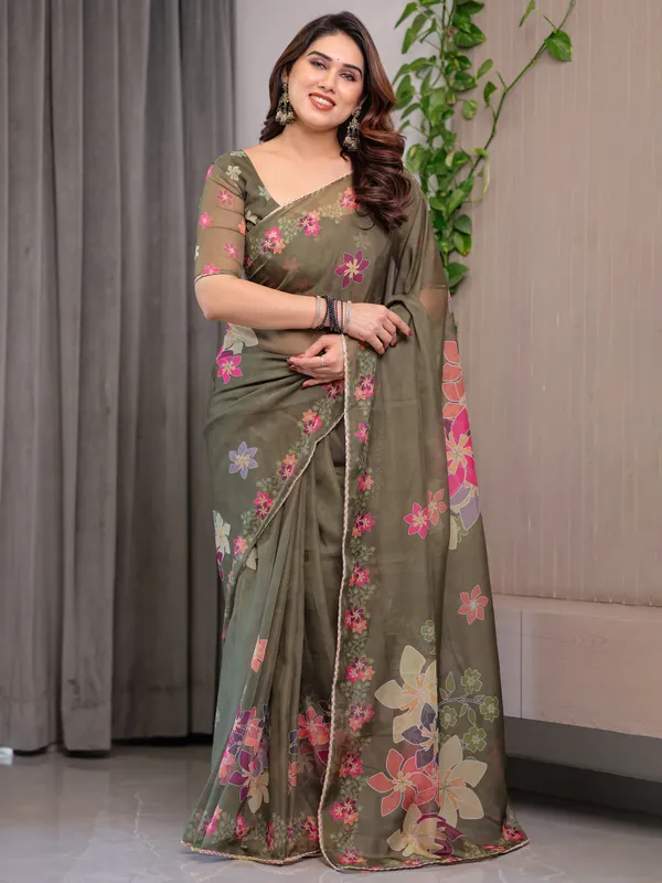 Olive_Green_Organza_Floral_Print_Saree_For_Women