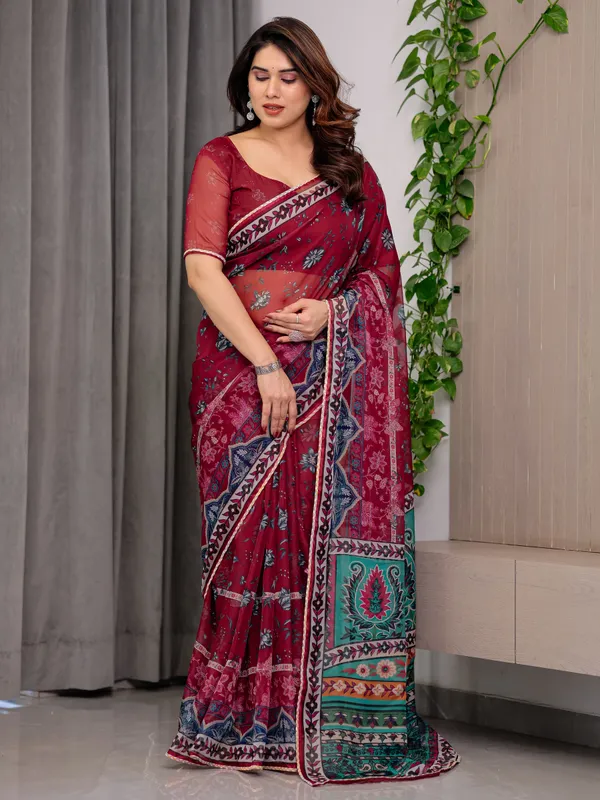 Red_Organza_Floral_Print_Saree_For_Women