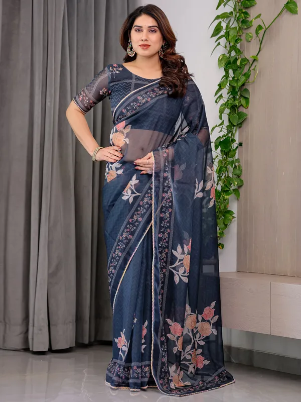 Navy_Blue_Organza_Floral_Print_Saree_For_Women