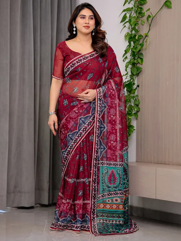 Red_Organza_Floral_Print_Saree_For_Women