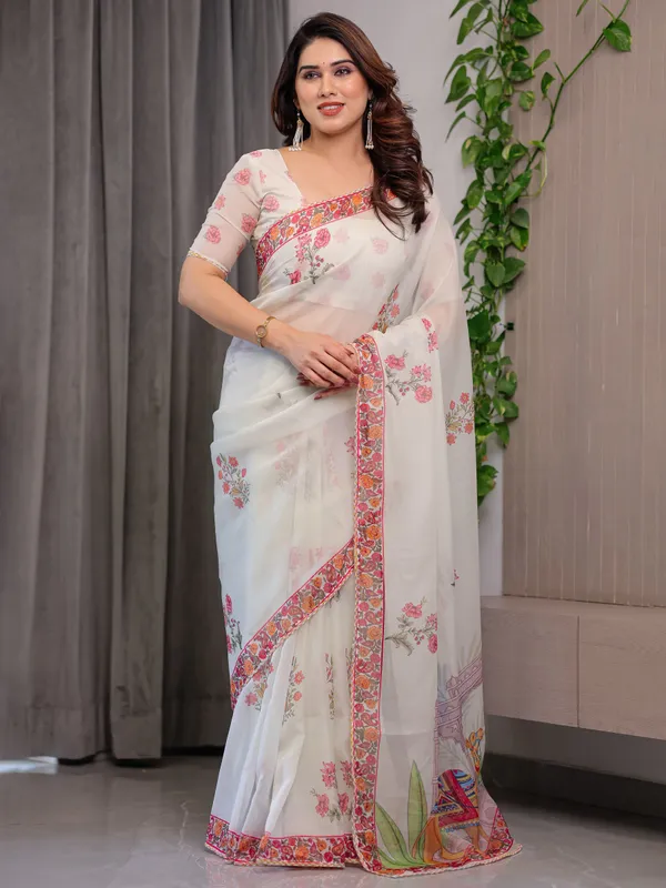 White_Organza_Floral_Embroidered_Pink_Border_Saree_For_Women