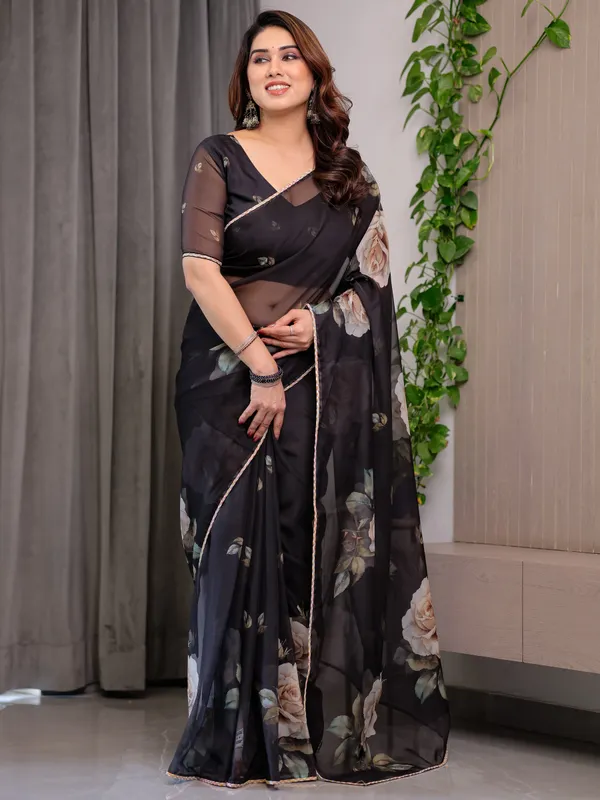 Black_Organza_Floral_Print_Golden_Border_Saree_For_Women
