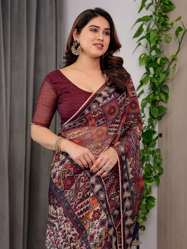 Maroon_Organza_Ethnic_Print_Saree_For_Women