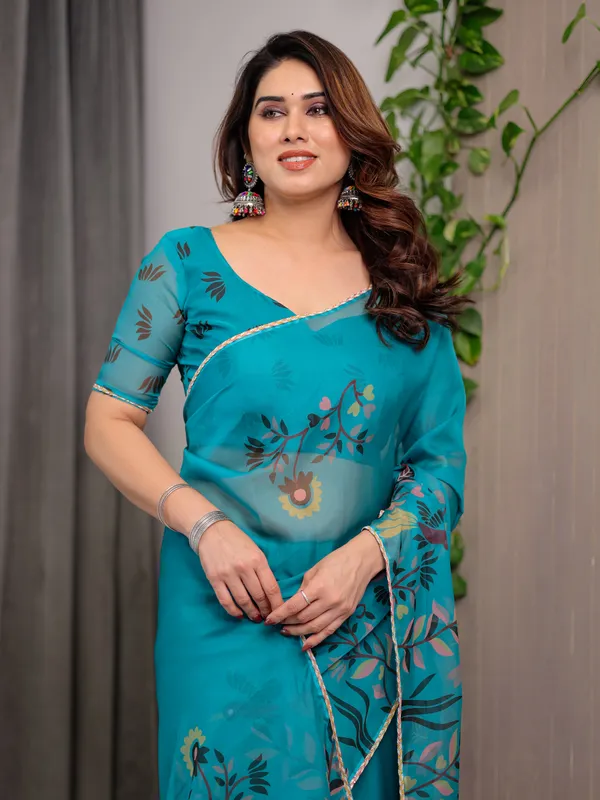 Turquoise_Organza_Floral_Printed_Saree_For_Women