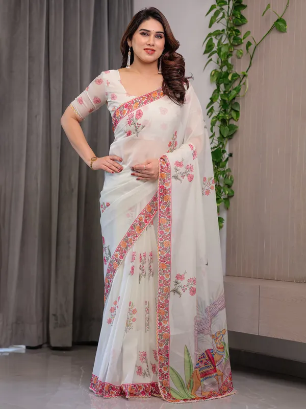 White_Organza_Floral_Embroidered_Pink_Border_Saree_For_Women