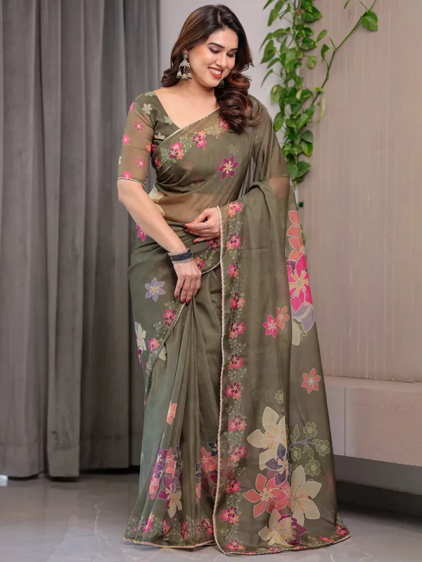 Olive_Green_Organza_Floral_Print_Saree_For_Women