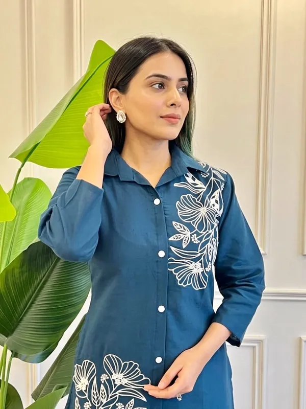 Blue_Premium_Pure_Cotton_With_Embroidery_Co-Ord_Set_For_Women