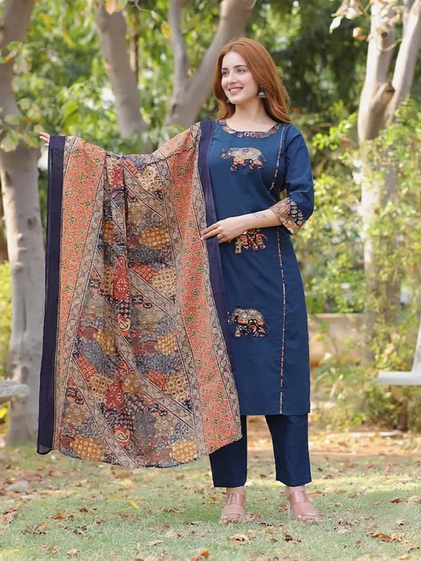 Blue_Premium_Cambric_Cotton_With_Patch_Work_Co-Ord_Set_For_Women