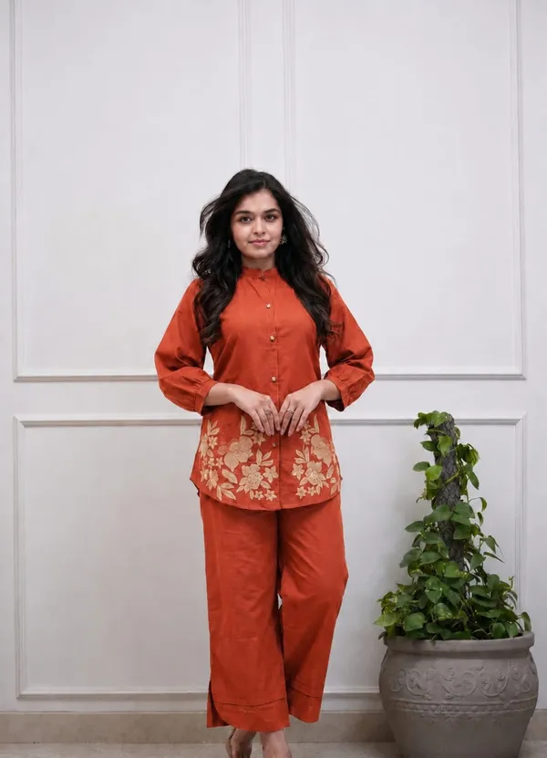 Orange_Premium_Cotton_With_Embroidery_Co-Ord_Set_For_Women