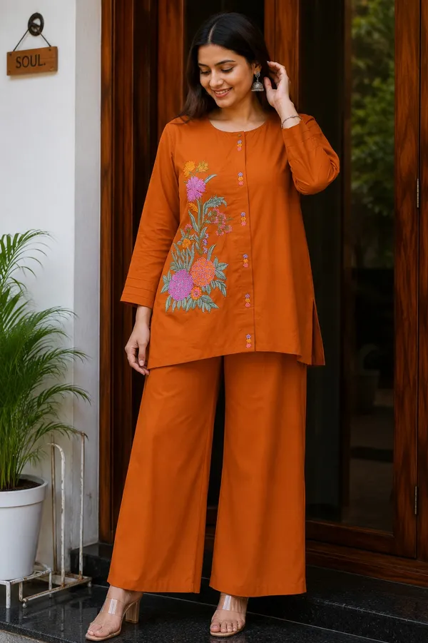 Brown_Premium_Cotton_With_Embroidery_Co-Ord_Set_For_Women