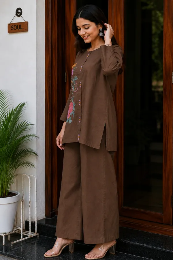 Brown_Premium_Cotton_With_Embroidery_Co-Ord_Set_For_Women