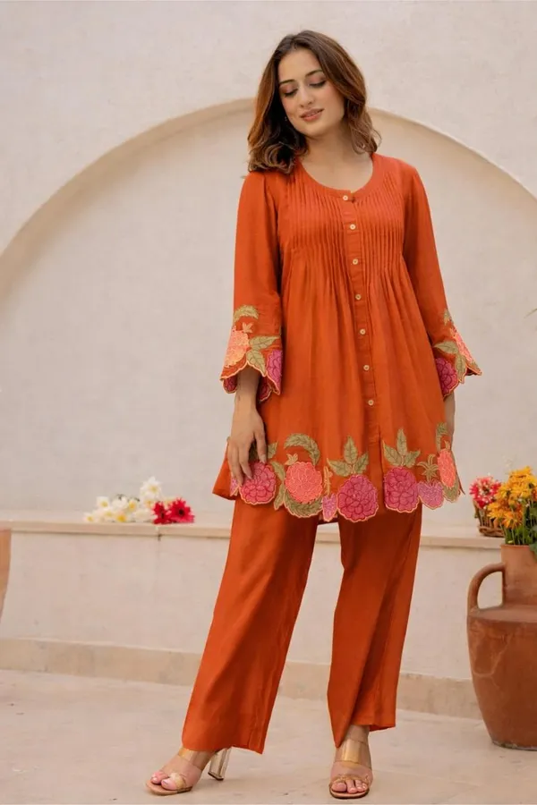 Orange_Premium_Cotton_With_Embroidery_Floral_Co-Ord_Set_For_Women