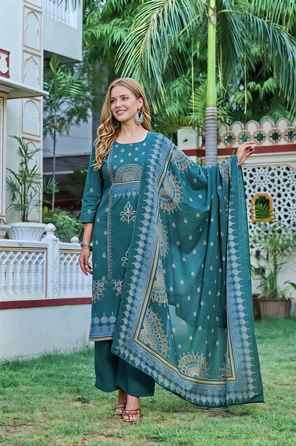 Teal_Premium_Cambric_Cotton_Kurta_Set_For_Women