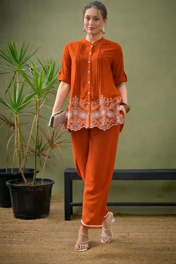 Orange_Premium_Cotton_Slub_With_Pintex_And_Embroidery_Work_Co-Ord_Set_For_Women
