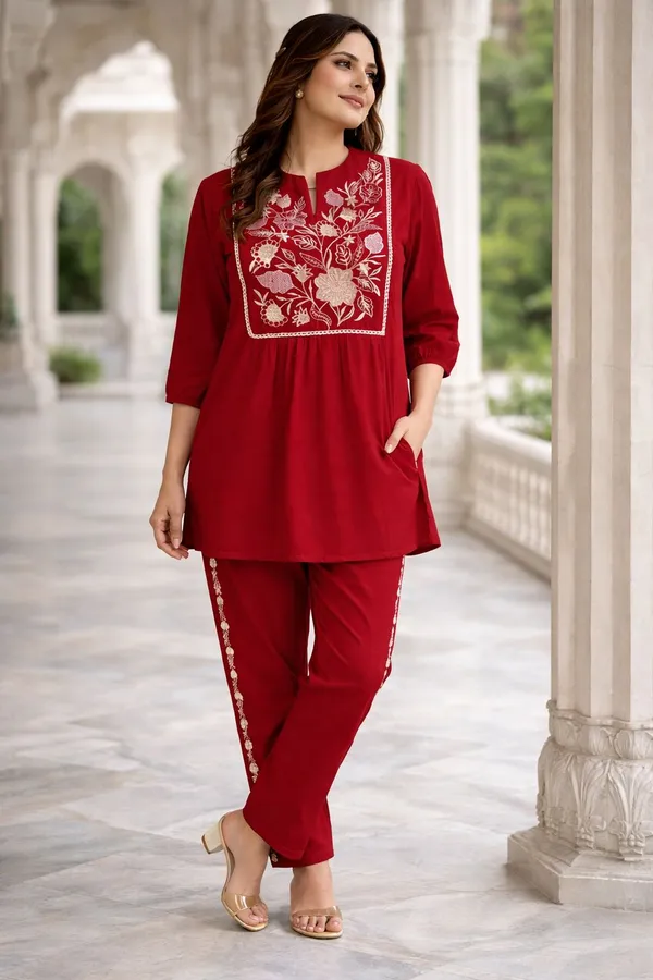 Red_Premium_Pure_Cotton_With_Full_Embroidery_Co-Ord_Set_For_Women