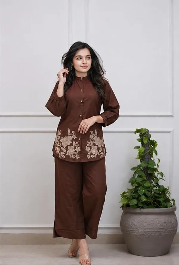 Brown_Premium_Cotton_With_Embroidery_Co-Ord_Set_For_Women