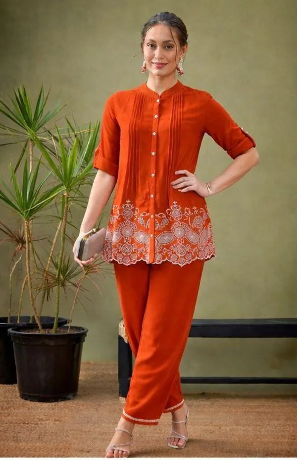 Orange_Premium_Cotton_Slub_With_Pintex_And_Embroidery_Work_Co-Ord_Set_For_Women