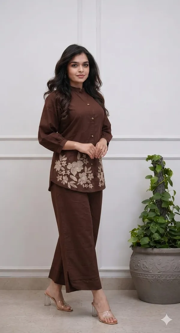 Brown_Premium_Cotton_With_Embroidery_Co-Ord_Set_For_Women