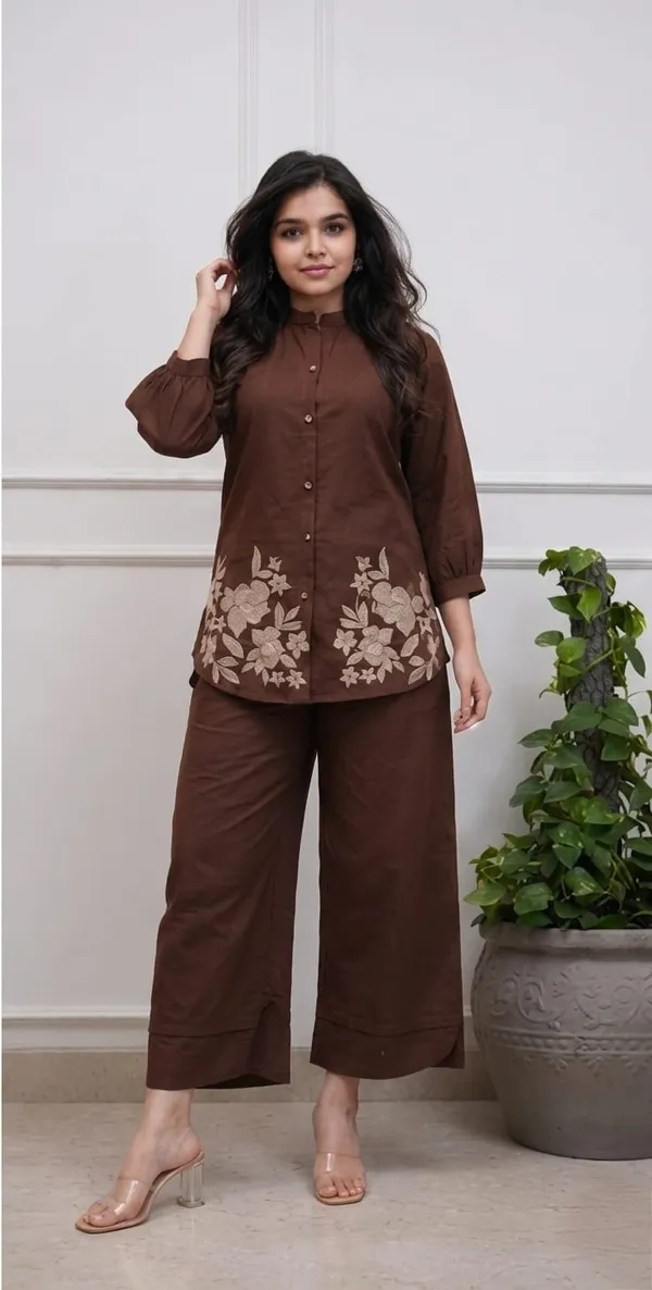 Brown_Premium_Cotton_With_Embroidery_Co-Ord_Set_For_Women