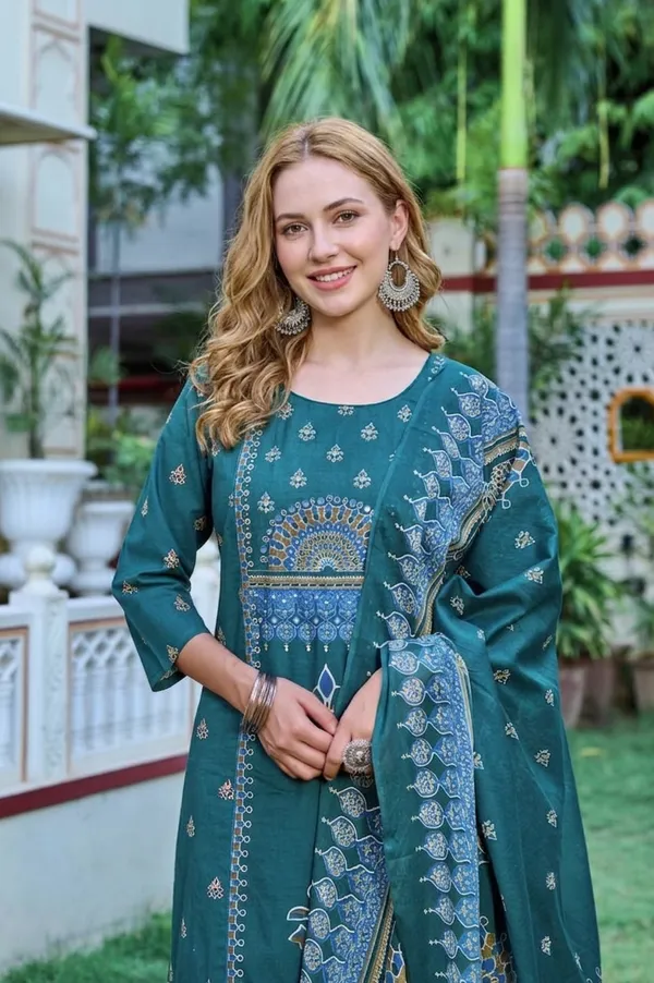 Teal_Premium_Cambric_Cotton_Kurta_Set_For_Women