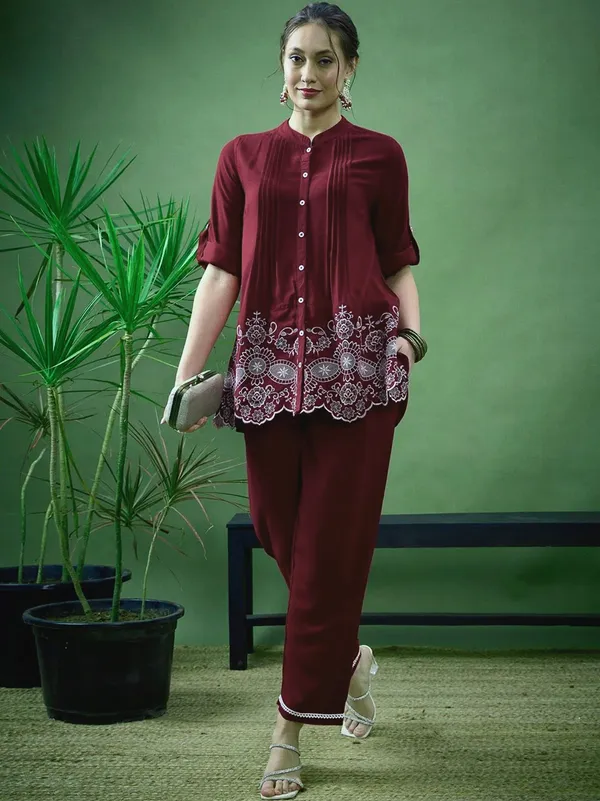 Maroon_Premium_Cotton_Slub_With_Pintex_And_Embroidery_Work_Co-Ord_Set_For_Women