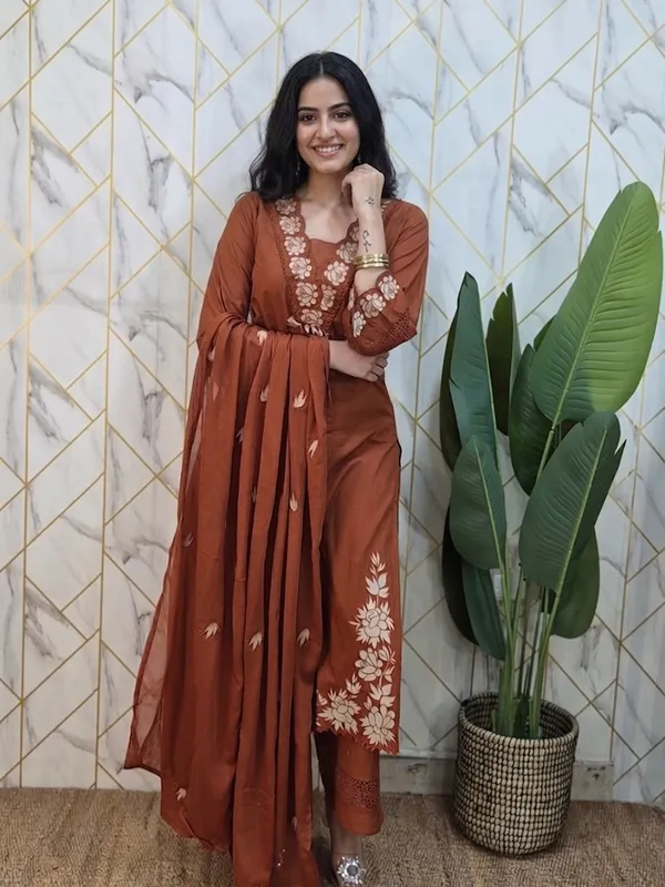 Rust_Premium_Pure_Cotton_With_Embroidery_And_Gpo_Lace_Work_3-Piece_Suit_Set_For_Women