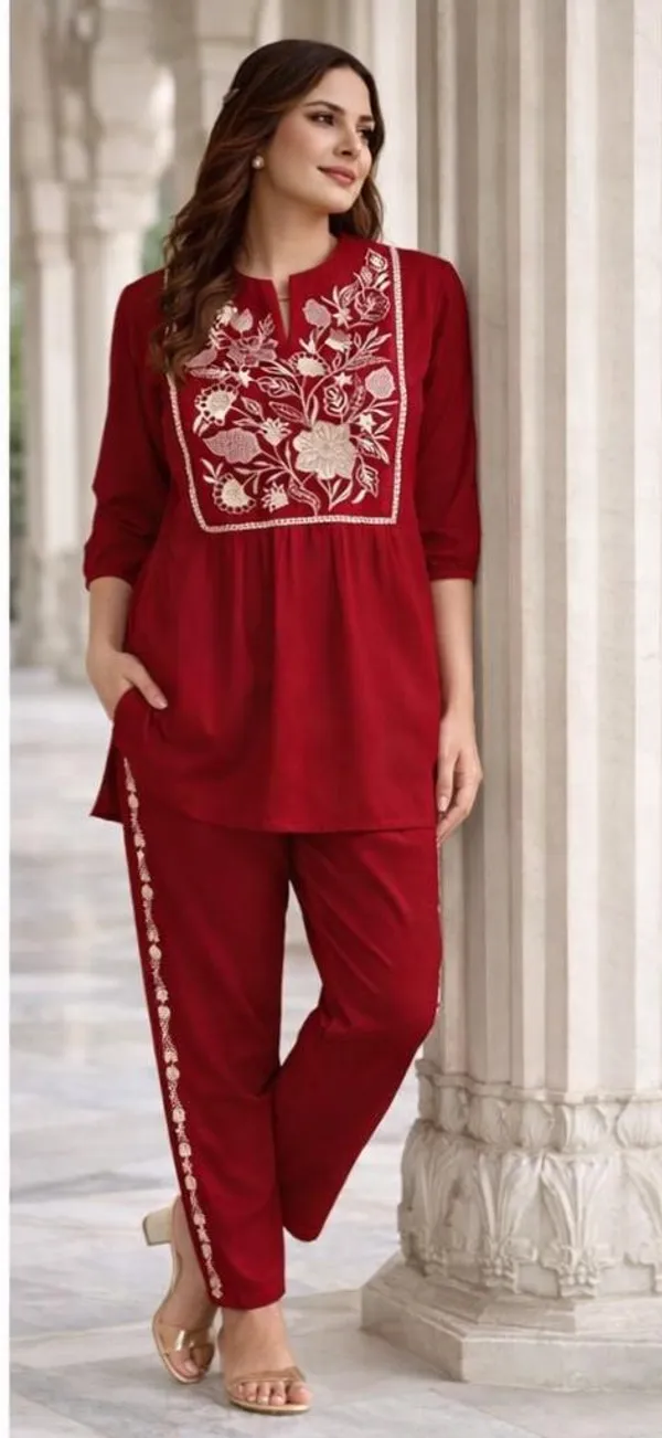 Red_Premium_Pure_Cotton_With_Full_Embroidery_Co-Ord_Set_For_Women